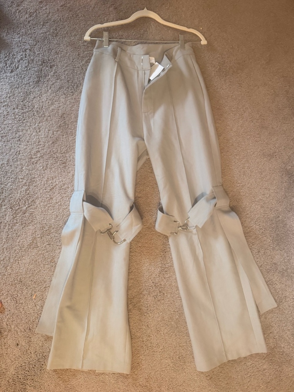 Wide Leg Strap Detail Women's Trousers in Light Gray Buckles Y2K Runway inspired